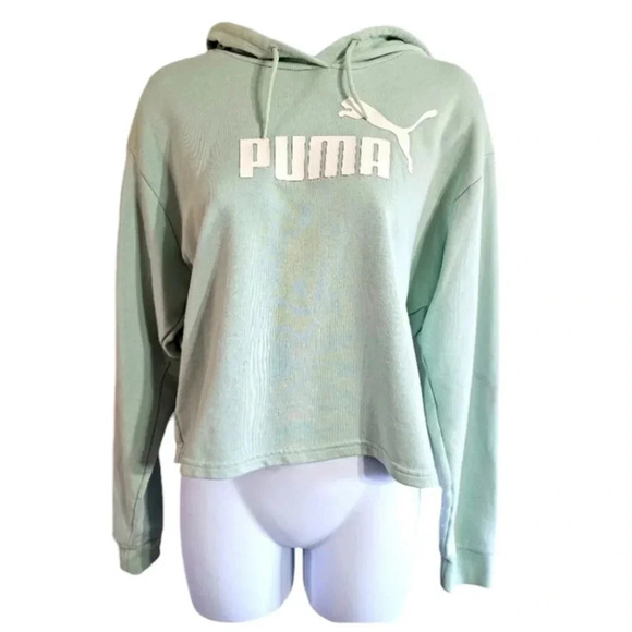 PUMA Womens S Cropped Hoodie Teal Green Cotton Logo Y2K Athleisure Casual - Picture 2 of 7